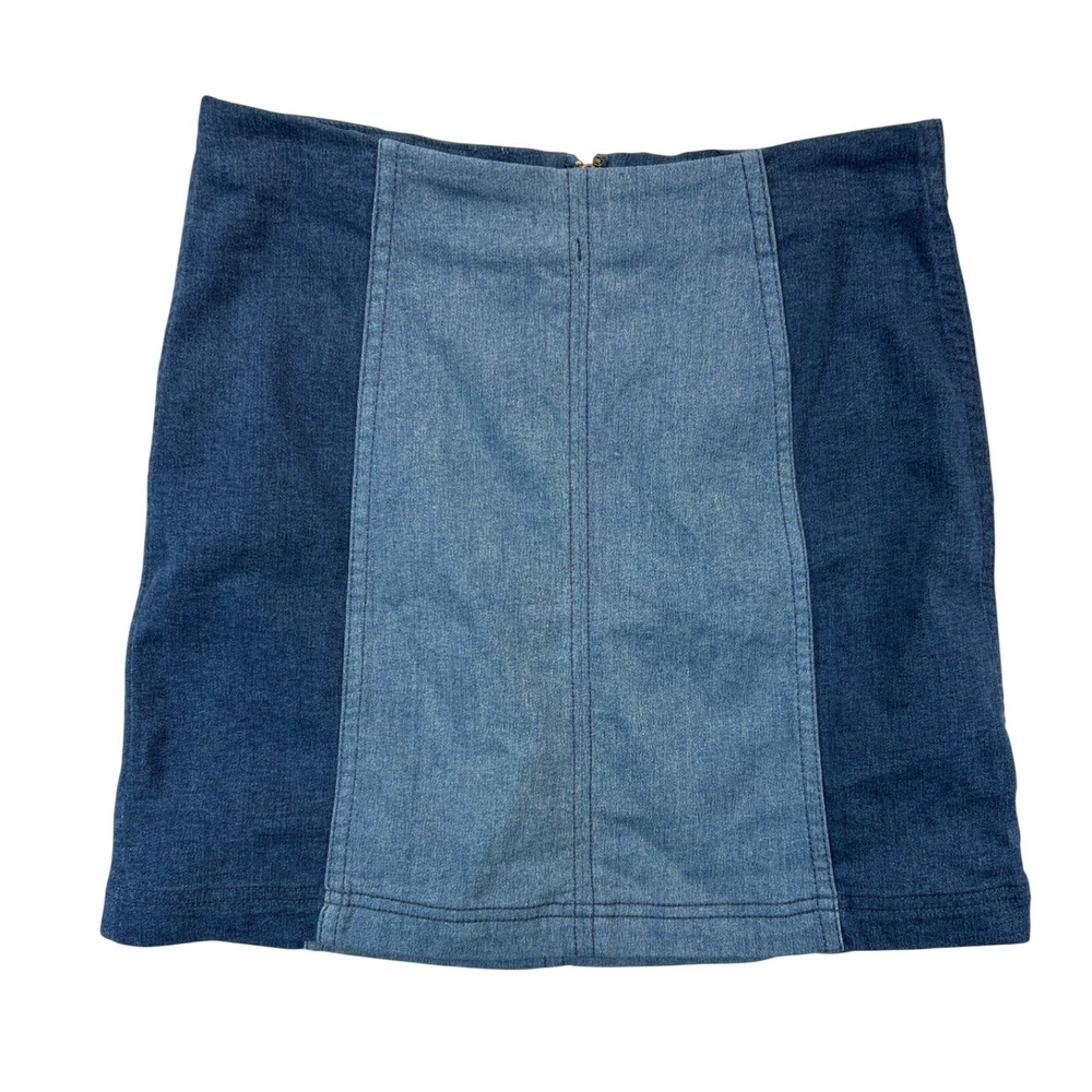 Free People Denim Mini Skirt Womens 8 Blue Two Tone‎ Colorblock Boho Retro Zip
